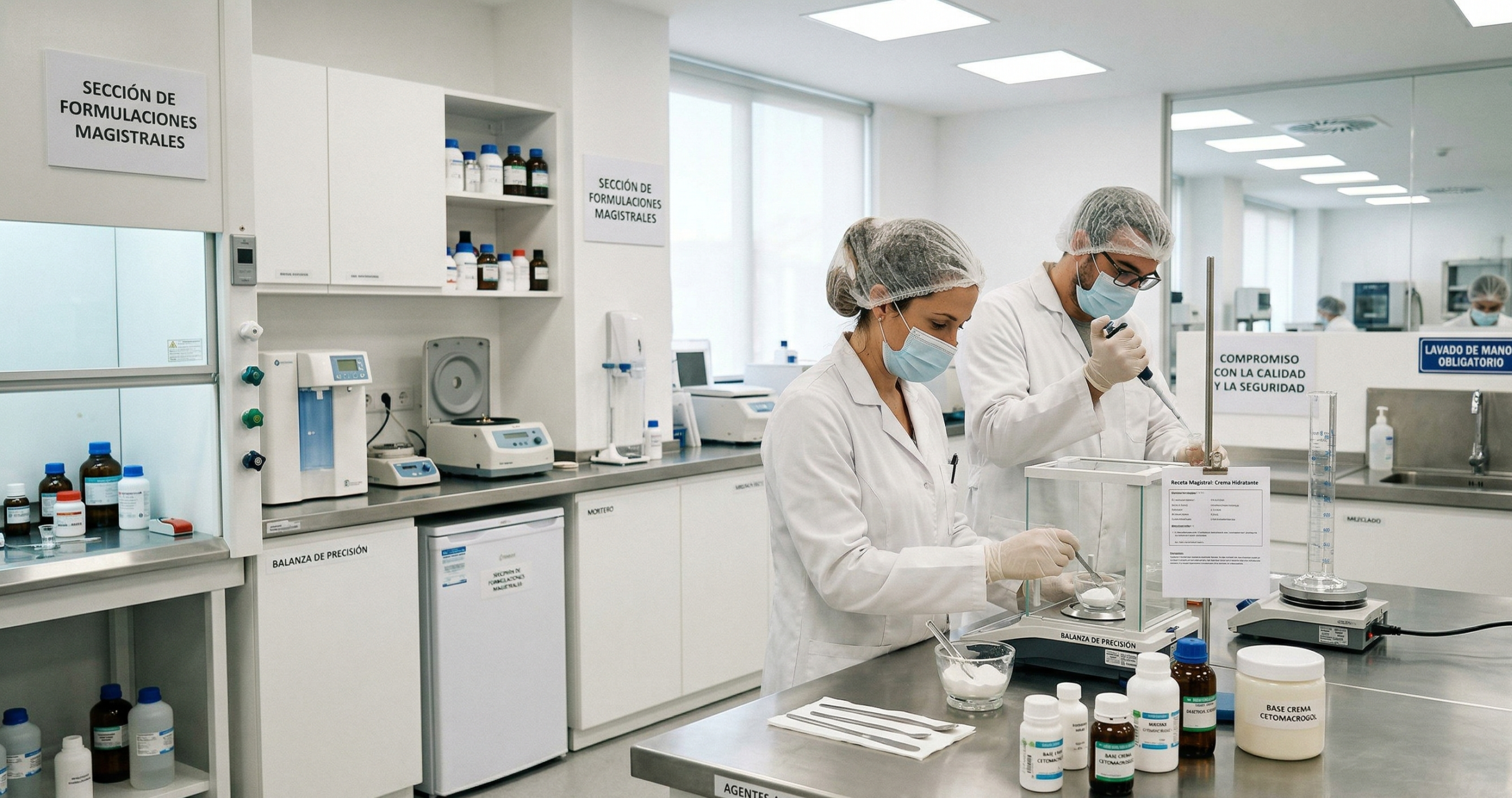 "Dos farmacéuticos con batas blancas, mascarillas y redes para el cabello trabajan con precisión en un laboratorio de formulación magistral moderno y limpio, utilizando una balanza digital y pipetas para preparar medicamentos