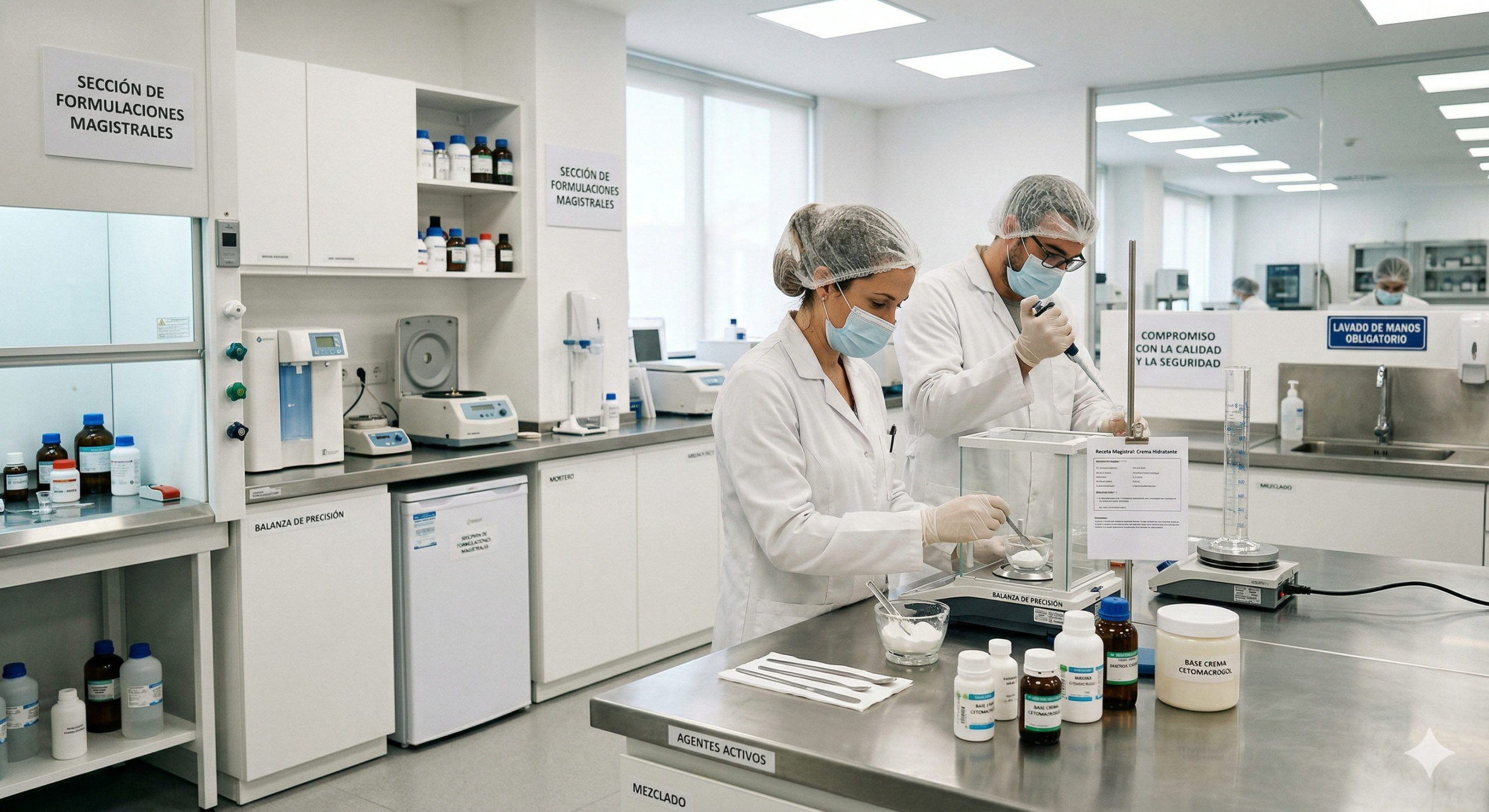 "Dos farmacéuticos con batas blancas, mascarillas y redes para el cabello trabajan con precisión en un laboratorio de formulación magistral moderno y limpio, utilizando una balanza digital y pipetas para preparar medicamentos